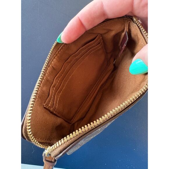 Coach Logo Signature Canvas Corner Zip Leather Stripe Khaki Wristlet Old Money - Picture 6 of 8